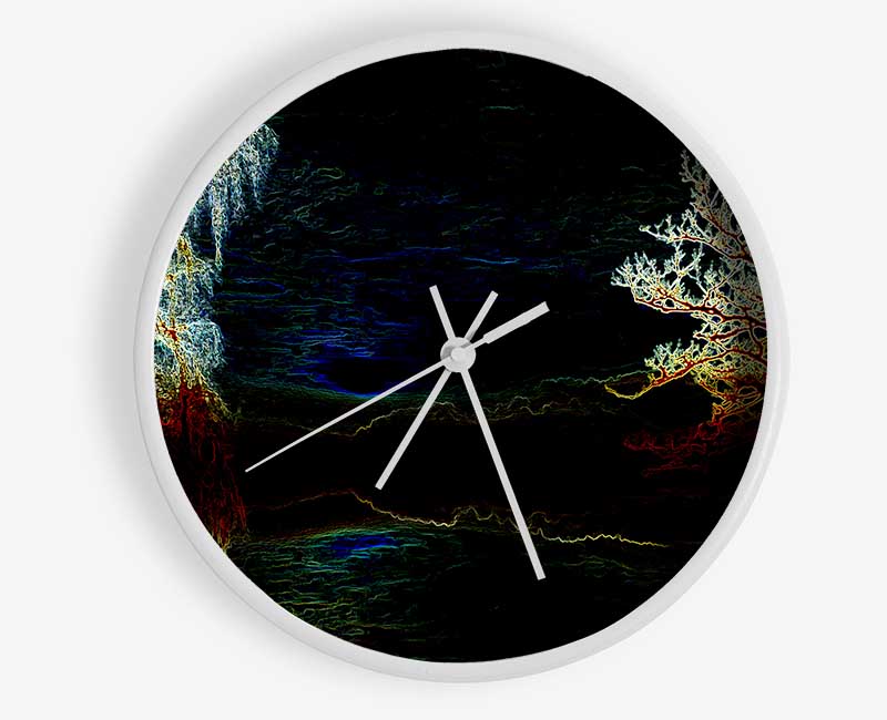 Abstract Neon Landscape 19 clock made from natural bamboo with vibrant colors and clear Plexiglas lens.