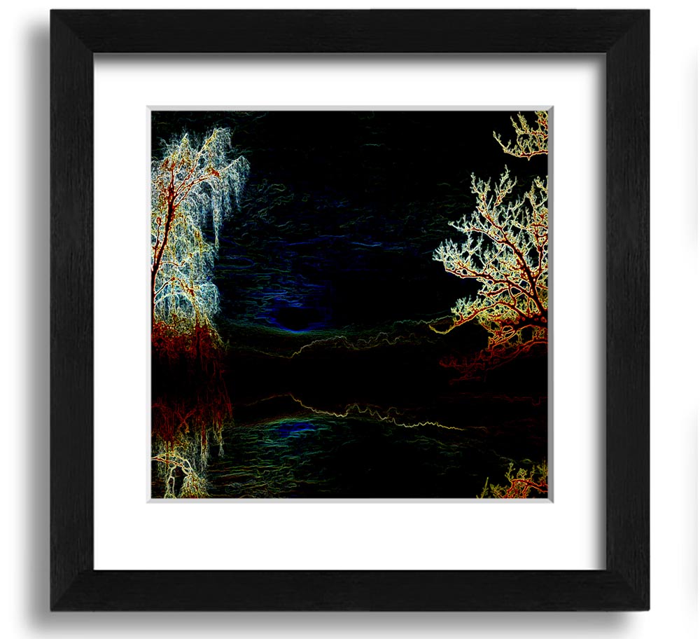 Abstract Neon Landscape 19 square framed print with vibrant neon colors, handmade in the UK, ready to hang.