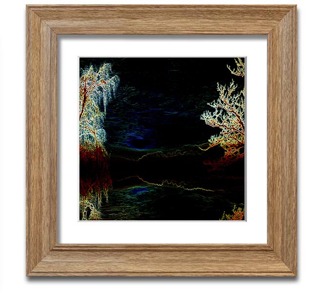 Abstract Neon Landscape 19 square framed print with vibrant neon colors, handmade in the UK, ready to hang.