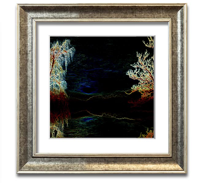 Abstract Neon Landscape 19 square framed print with vibrant neon colors, handmade in the UK, ready to hang.