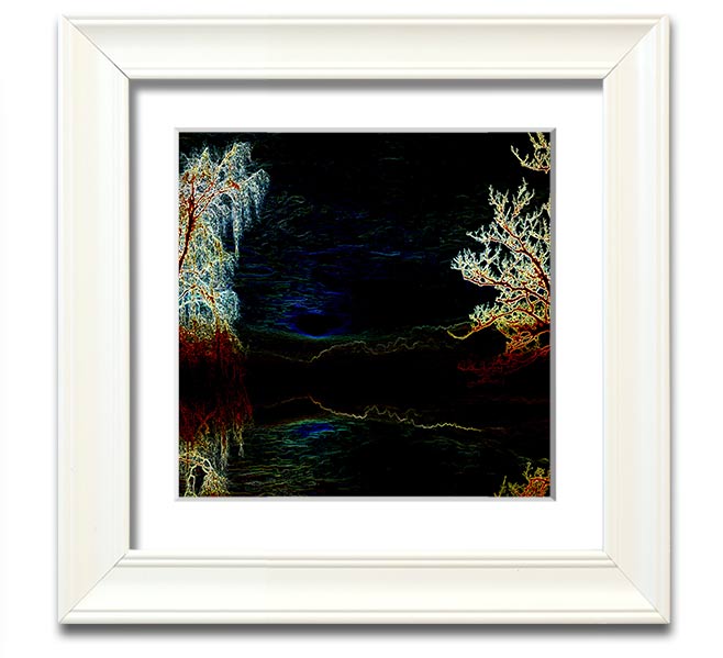 Abstract Neon Landscape 19 square framed print with vibrant neon colors, handmade in the UK, ready to hang.