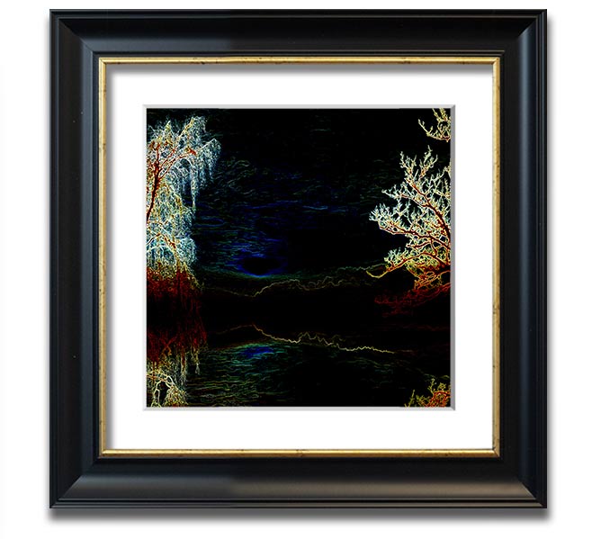 Abstract Neon Landscape 19 square framed print with vibrant neon colors, handmade in the UK, ready to hang.