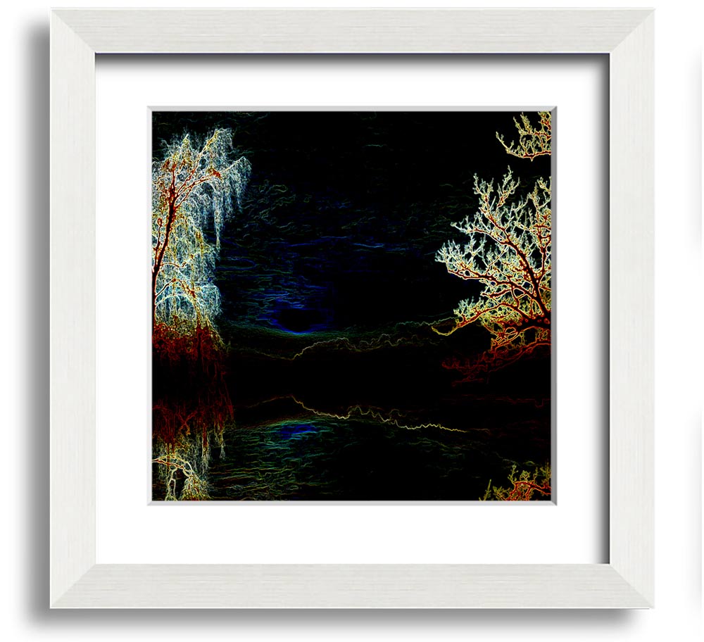 Abstract Neon Landscape 19 square framed print with vibrant neon colors, handmade in the UK, ready to hang.