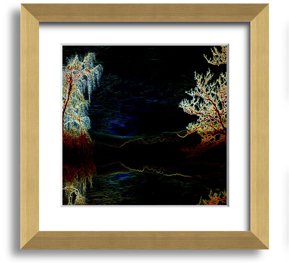 Abstract Neon Landscape 19 square framed print with vibrant neon colors, handmade in the UK, ready to hang.