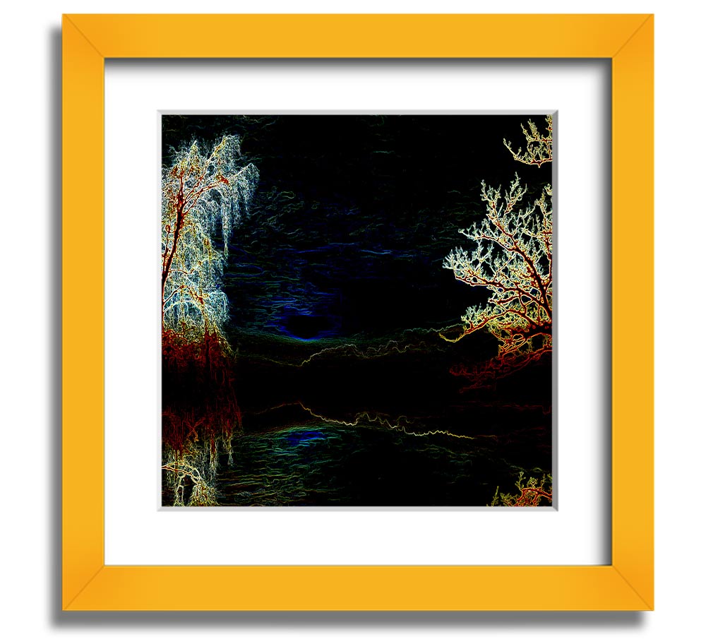 Abstract Neon Landscape 19 square framed print with vibrant neon colors, handmade in the UK, ready to hang.