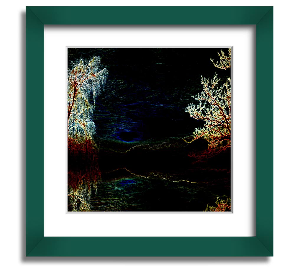 Abstract Neon Landscape 19 square framed print with vibrant neon colors, handmade in the UK, ready to hang.