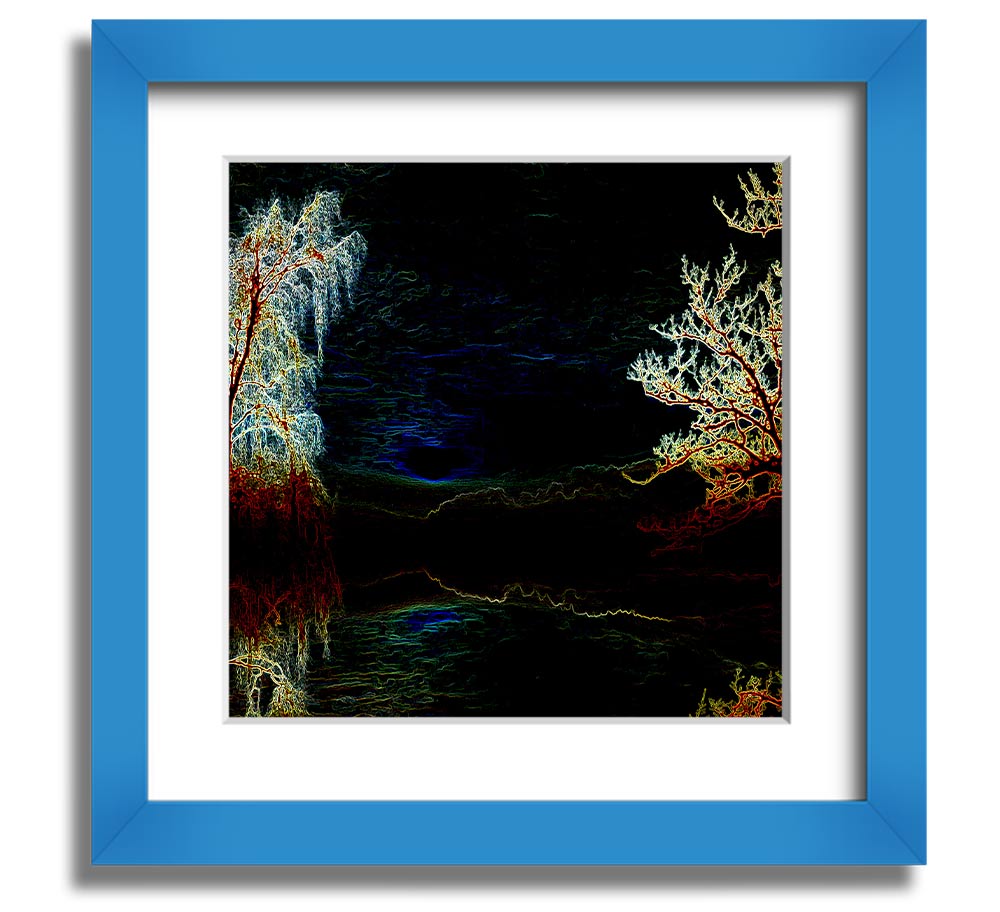 Abstract Neon Landscape 19 square framed print with vibrant neon colors, handmade in the UK, ready to hang.