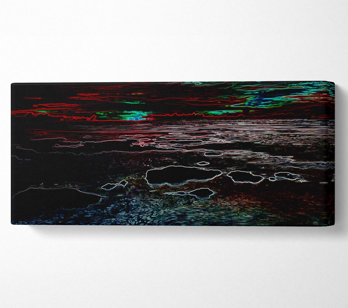 Abstract Neon Seascape canvas art featuring vibrant colors and ocean-inspired design, mounted on a sleek 44mm box frame.