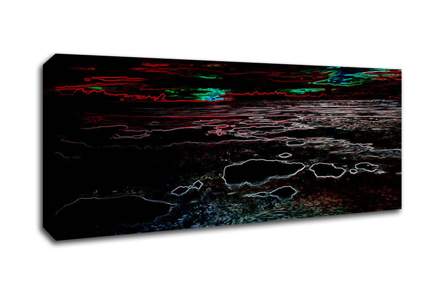 Abstract Neon Seascape canvas art featuring vibrant colors and ocean-inspired design, mounted on a sleek 44mm box frame.