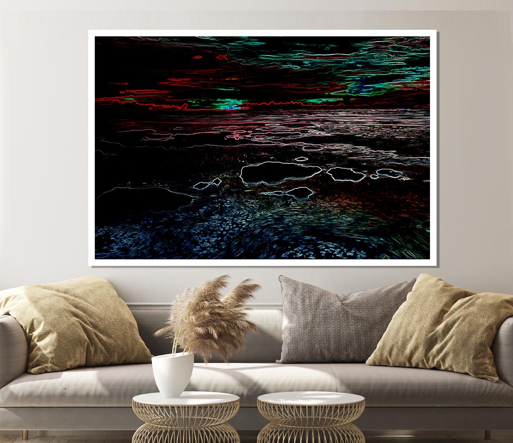 Vibrant Abstract Neon Seascape canvas poster showcasing colorful ocean waves and abstract patterns.