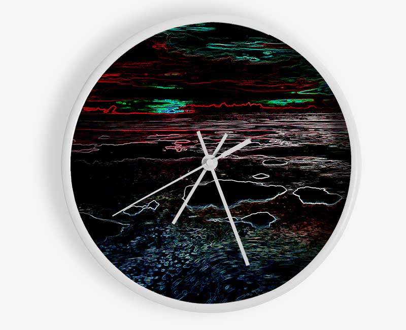 Abstract Neon Seascape clock made from natural bamboo with vibrant colors and clear Plexiglas lens.