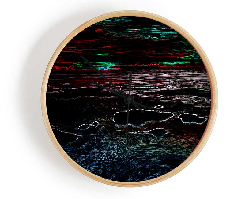 Abstract Neon Seascape clock made from natural bamboo with vibrant colors and clear Plexiglas lens.