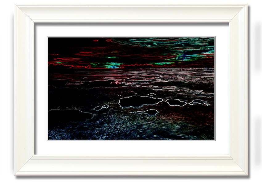 A vibrant Abstract Neon Seascape framed print showcasing colorful ocean waves in neon hues, ready to hang.