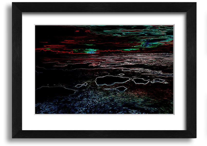 A vibrant Abstract Neon Seascape framed print showcasing colorful ocean waves in neon hues, ready to hang.