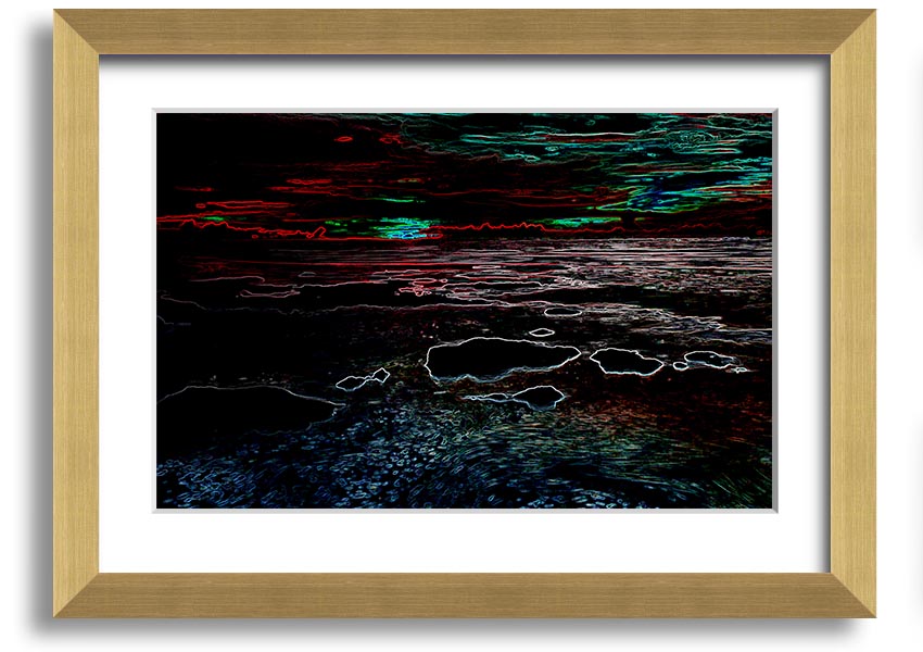 A vibrant Abstract Neon Seascape framed print showcasing colorful ocean waves in neon hues, ready to hang.