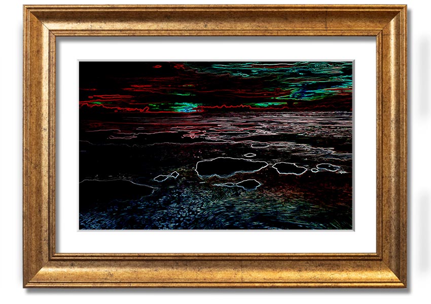 A vibrant Abstract Neon Seascape framed print showcasing colorful ocean waves in neon hues, ready to hang.