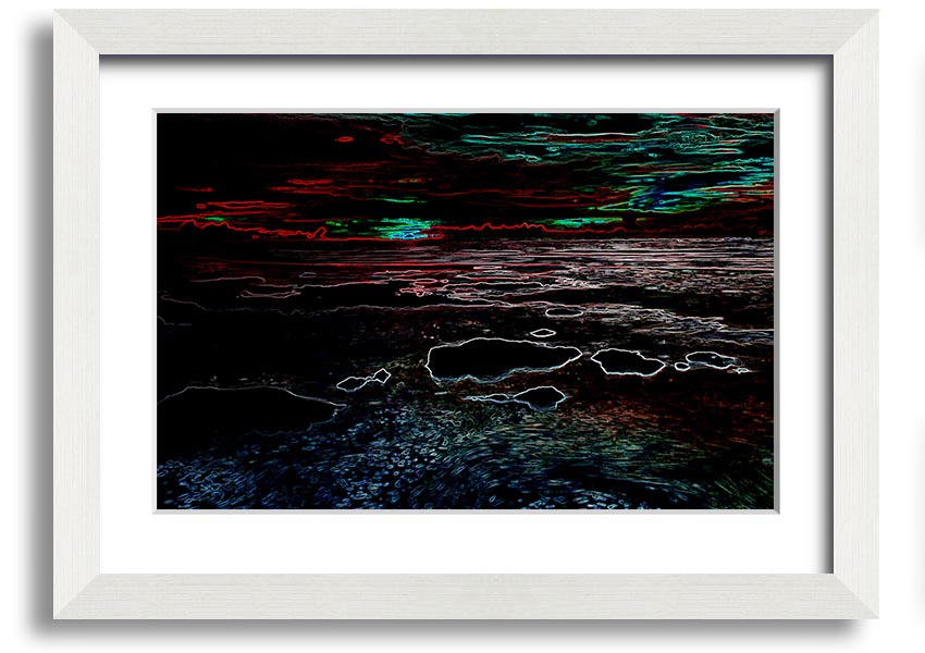 A vibrant Abstract Neon Seascape framed print showcasing colorful ocean waves in neon hues, ready to hang.