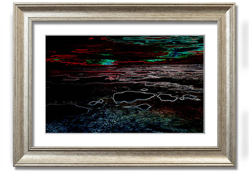 A vibrant Abstract Neon Seascape framed print showcasing colorful ocean waves in neon hues, ready to hang.