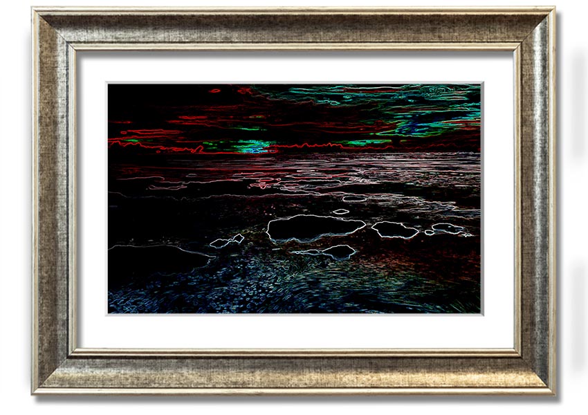 A vibrant Abstract Neon Seascape framed print showcasing colorful ocean waves in neon hues, ready to hang.