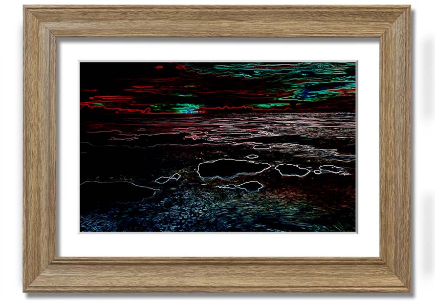 A vibrant Abstract Neon Seascape framed print showcasing colorful ocean waves in neon hues, ready to hang.