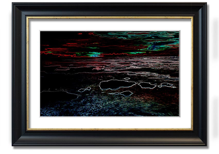 A vibrant Abstract Neon Seascape framed print showcasing colorful ocean waves in neon hues, ready to hang.