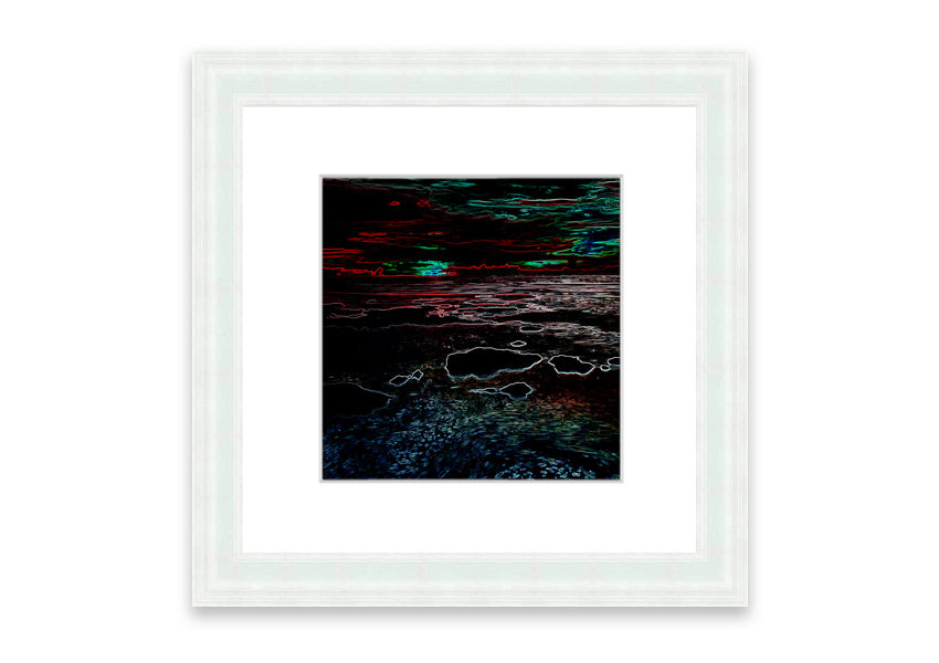 A vibrant abstract neon seascape framed print showcasing colorful ocean waves, ready to hang.