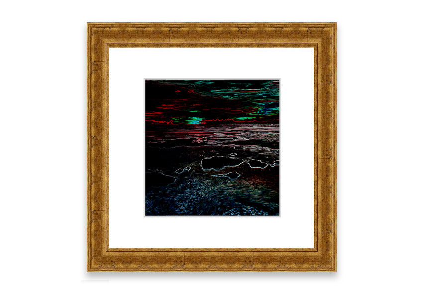 A vibrant abstract neon seascape framed print showcasing colorful ocean waves, ready to hang.