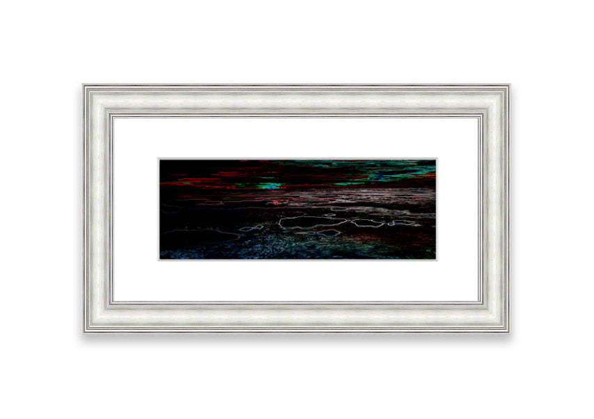 A vibrant abstract neon seascape framed print showcasing colorful ocean waves, ready to hang.