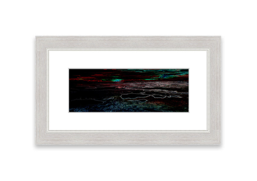 A vibrant abstract neon seascape framed print showcasing colorful ocean waves, ready to hang.