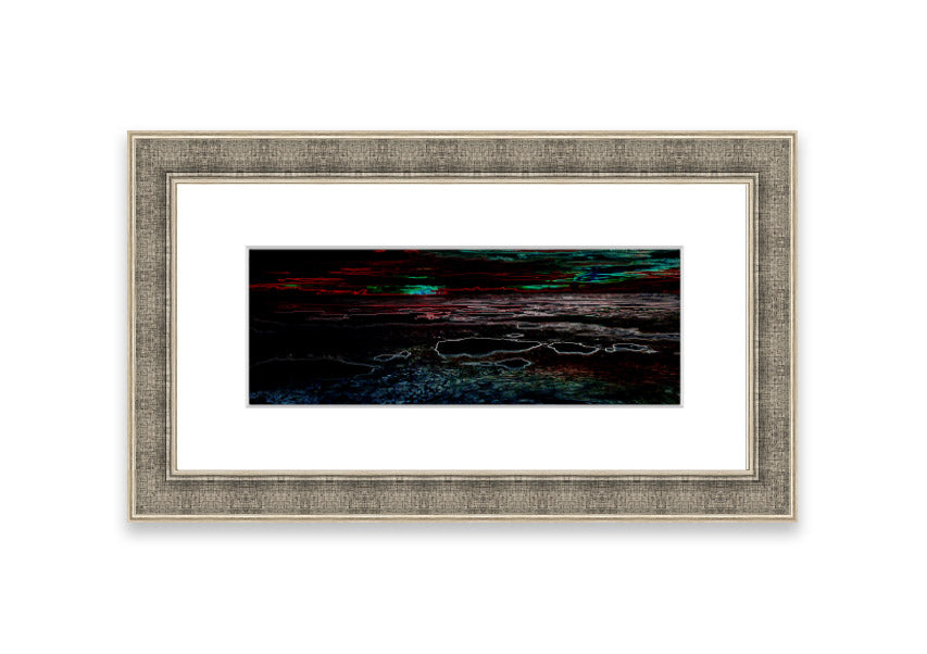 A vibrant abstract neon seascape framed print showcasing colorful ocean waves, ready to hang.