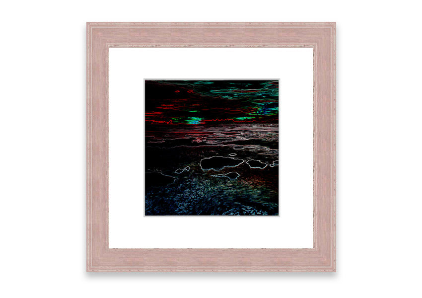 A vibrant abstract neon seascape framed print showcasing colorful ocean waves, ready to hang.