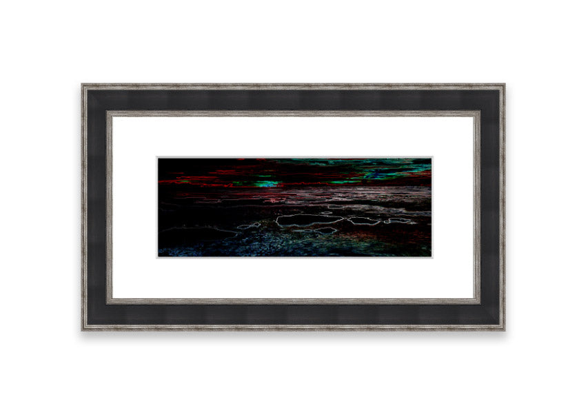 A vibrant abstract neon seascape framed print showcasing colorful ocean waves, ready to hang.