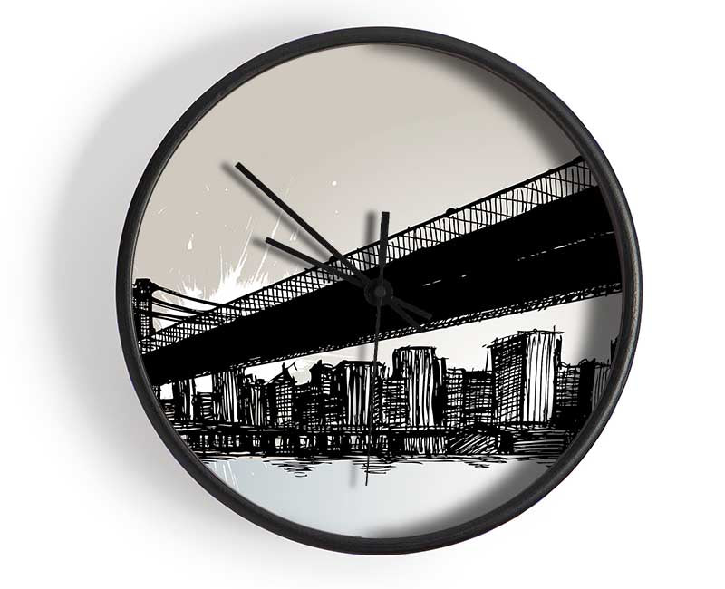 Abstract New York City clock made from natural bamboo with a round face and clear Plexiglas lens, available in black, white, and natural frame colors.