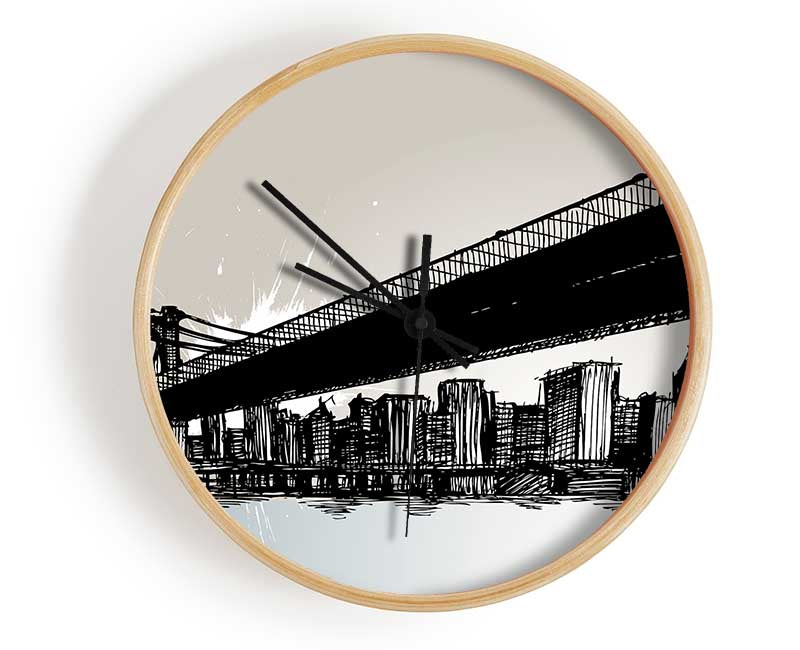 Abstract New York City clock made from natural bamboo with a round face and clear Plexiglas lens, available in black, white, and natural frame colors.