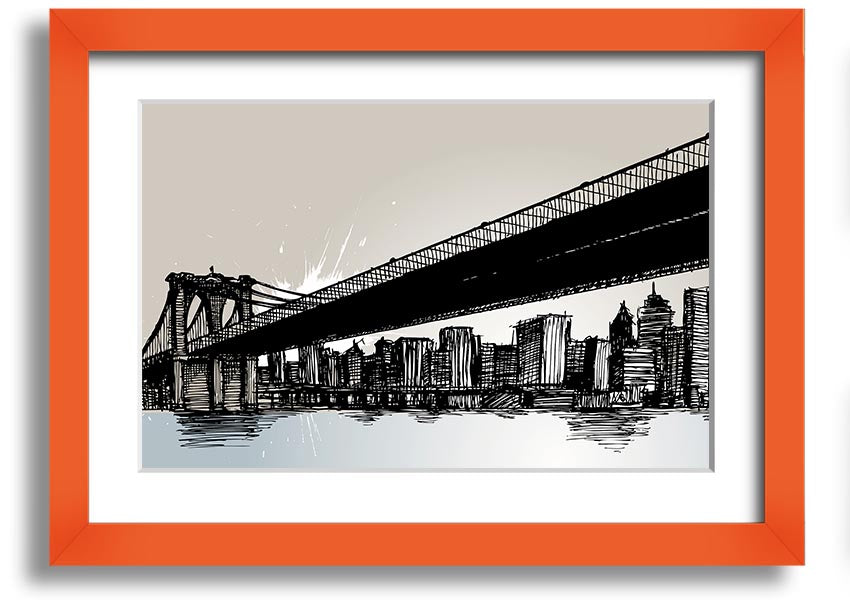 Framed abstract artwork depicting New York City skyline in vibrant colors, ready to hang.