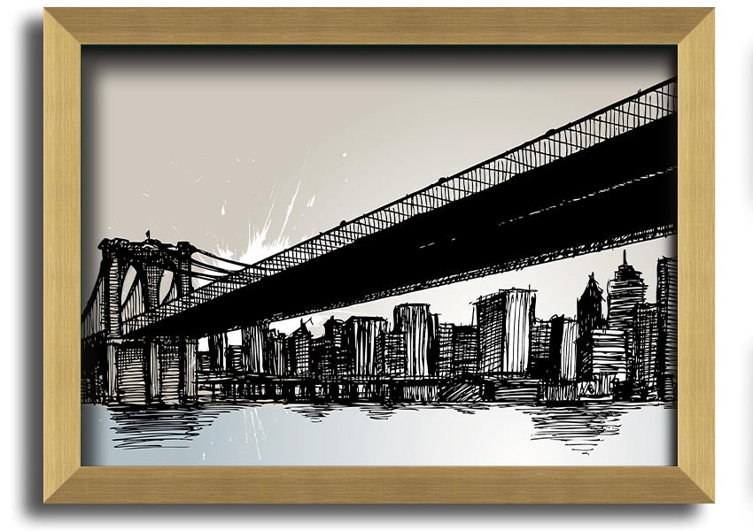 Framed abstract artwork depicting New York City skyline in vibrant colors, ready to hang.