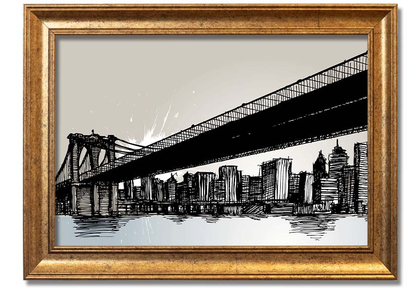 Framed abstract artwork depicting New York City skyline in vibrant colors, ready to hang.