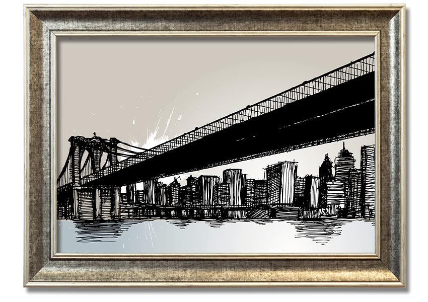 Framed abstract artwork depicting New York City skyline in vibrant colors, ready to hang.