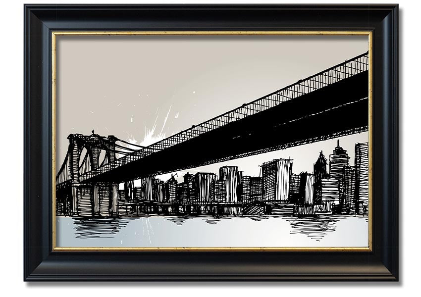 Framed abstract artwork depicting New York City skyline in vibrant colors, ready to hang.