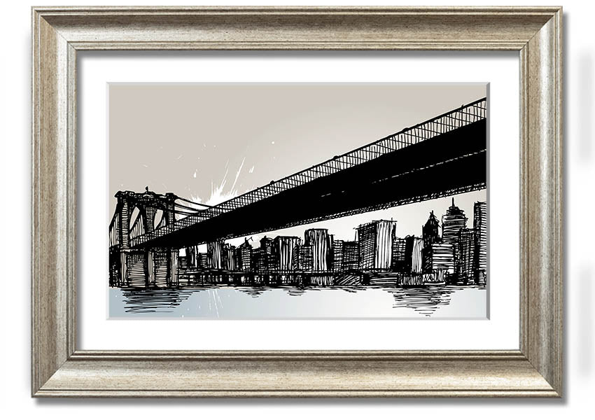 Framed abstract artwork depicting New York City skyline in vibrant colors, ready to hang.