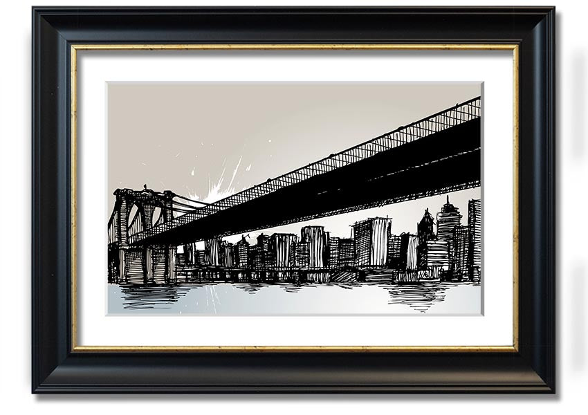 Framed abstract artwork depicting New York City skyline in vibrant colors, ready to hang.