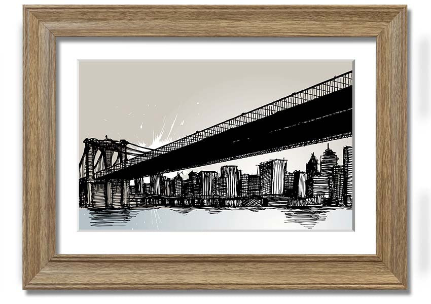 Framed abstract artwork depicting New York City skyline in vibrant colors, ready to hang.