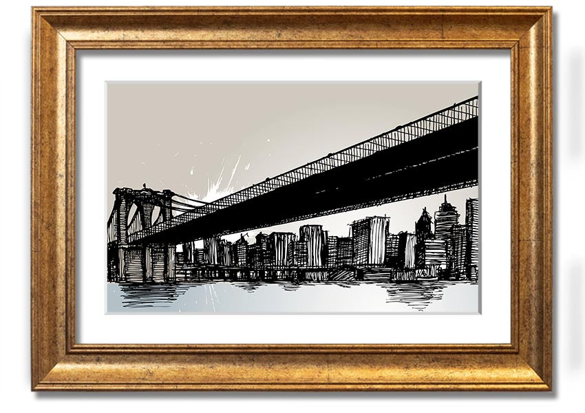 Framed abstract artwork depicting New York City skyline in vibrant colors, ready to hang.