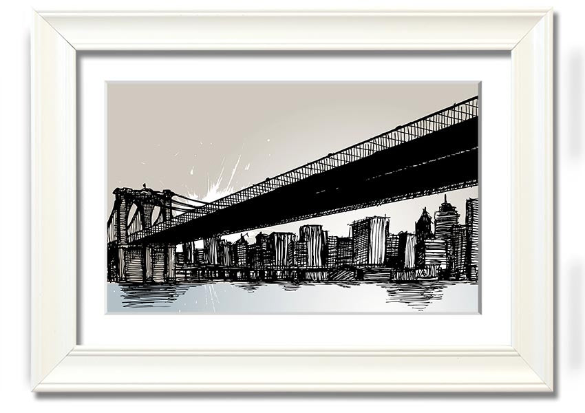 Framed abstract artwork depicting New York City skyline in vibrant colors, ready to hang.