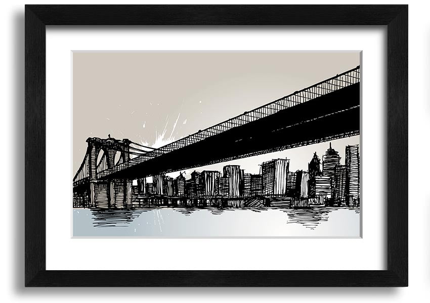 Framed abstract artwork depicting New York City skyline in vibrant colors, ready to hang.