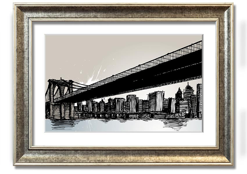 Framed abstract artwork depicting New York City skyline in vibrant colors, ready to hang.