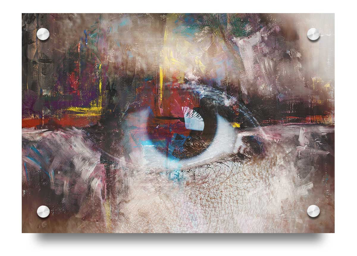 A vibrant abstract painting featuring an eye, printed on 5mm thick acrylic glass, showcasing modern art for home decor.