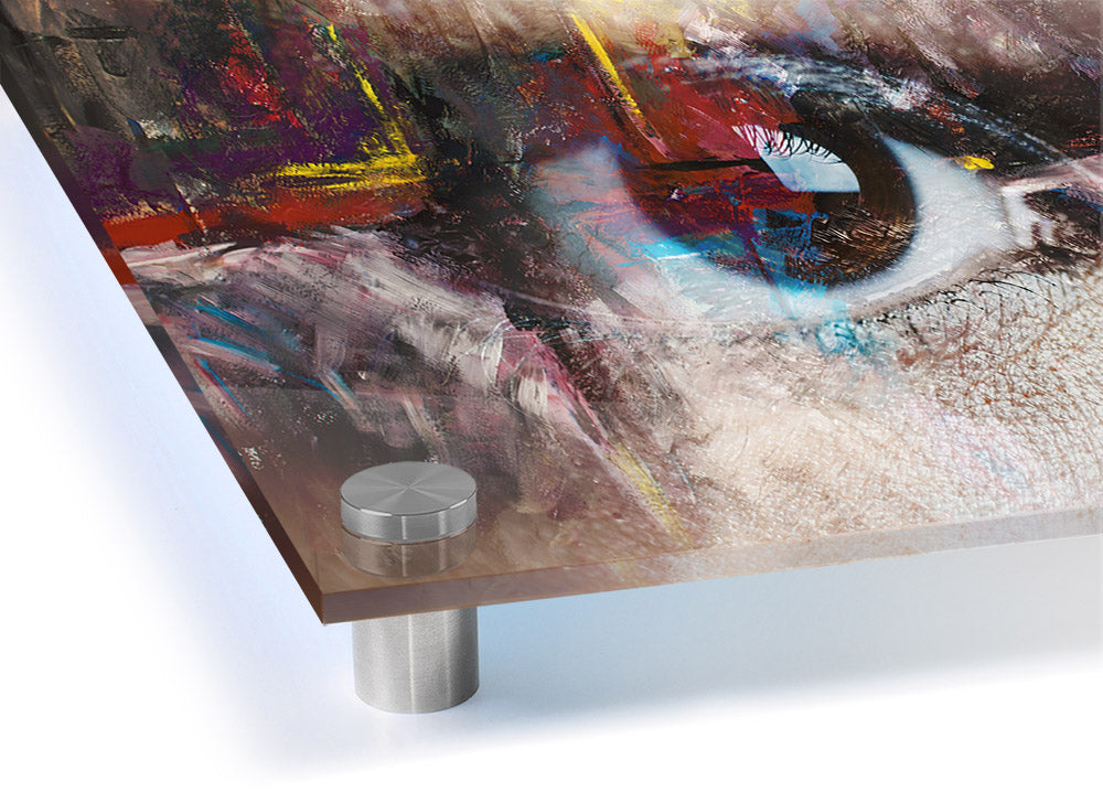 A vibrant abstract painting featuring an eye, printed on 5mm thick acrylic glass, showcasing modern art for home decor.