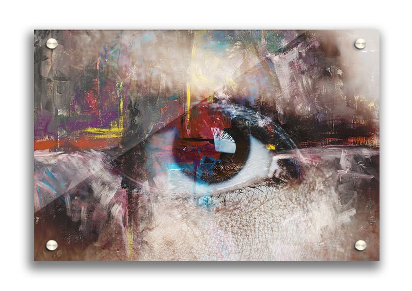 A vibrant abstract painting featuring an eye, printed on 5mm thick acrylic glass, showcasing modern art for home decor.