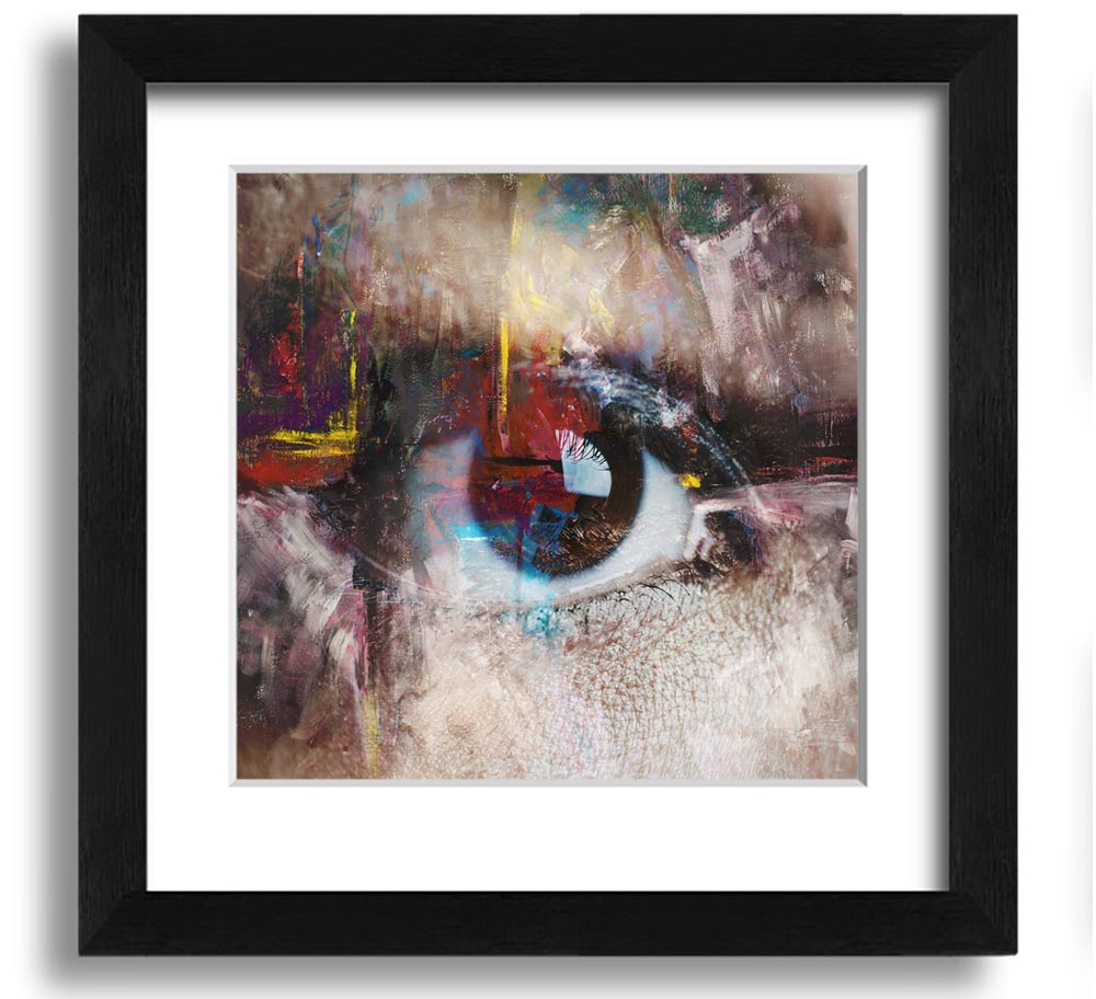 A square framed print featuring an abstract painting with an eye motif, showcasing vibrant colors and intricate details, ready to hang.